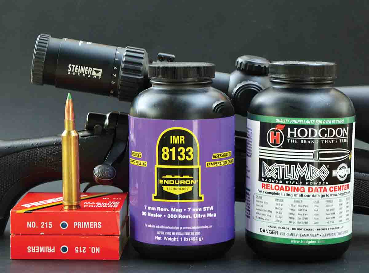 Retumbo and IMR-8133 are excellent choices for the .300 Kong, and both are uniformly ignited by Federal 215 primers.